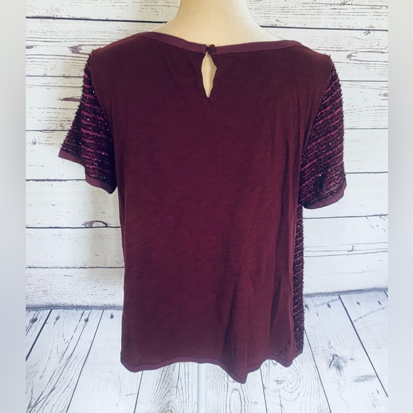 Women’s Large Blouse Ann Taylor Loft Short Sleeves Sequins Fringe Dark Fuchsia - Picture 6 of 11